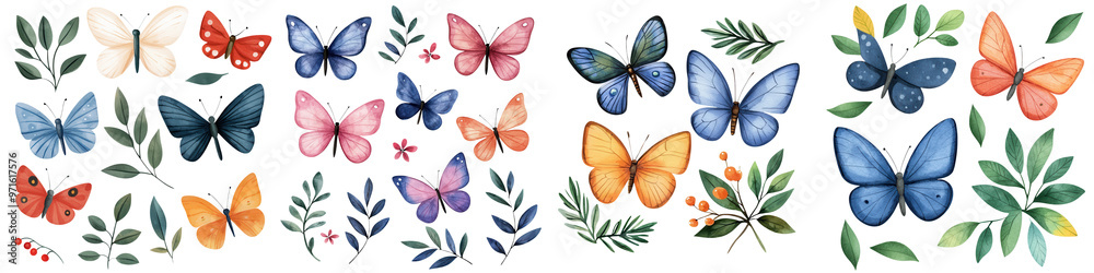 Colorful butterflies with vibrant wings surrounded by lush foliage, perfect for nature-themed designs and creative projects. Colorful butterflies with vibrant wings surrounded by lush foliage, perfect for nature-themed designs and creative projects.