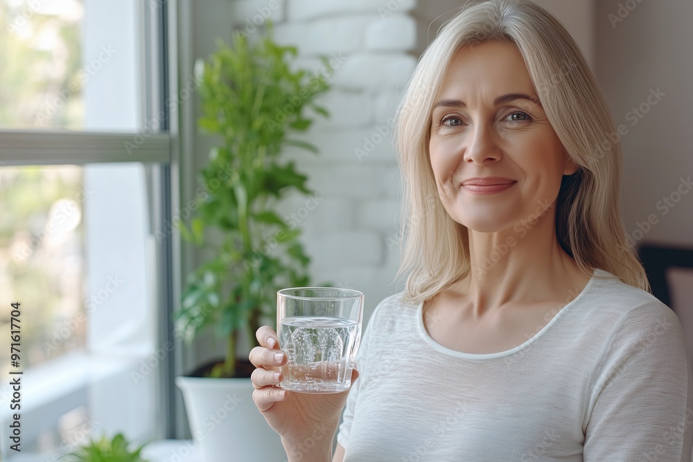 Happy healthy woman of middle age holding glass of water standing at home. Mature 50 years old lady enjoying drinking pure mineral clear water for body hydration. Morning daily hydrating treatment. Happy healthy woman of middle age holding glass of water standing at home. Mature 50 years old lady enjoying drinking pure mineral clear water for body hydration. Morning daily hydrating treatment.
