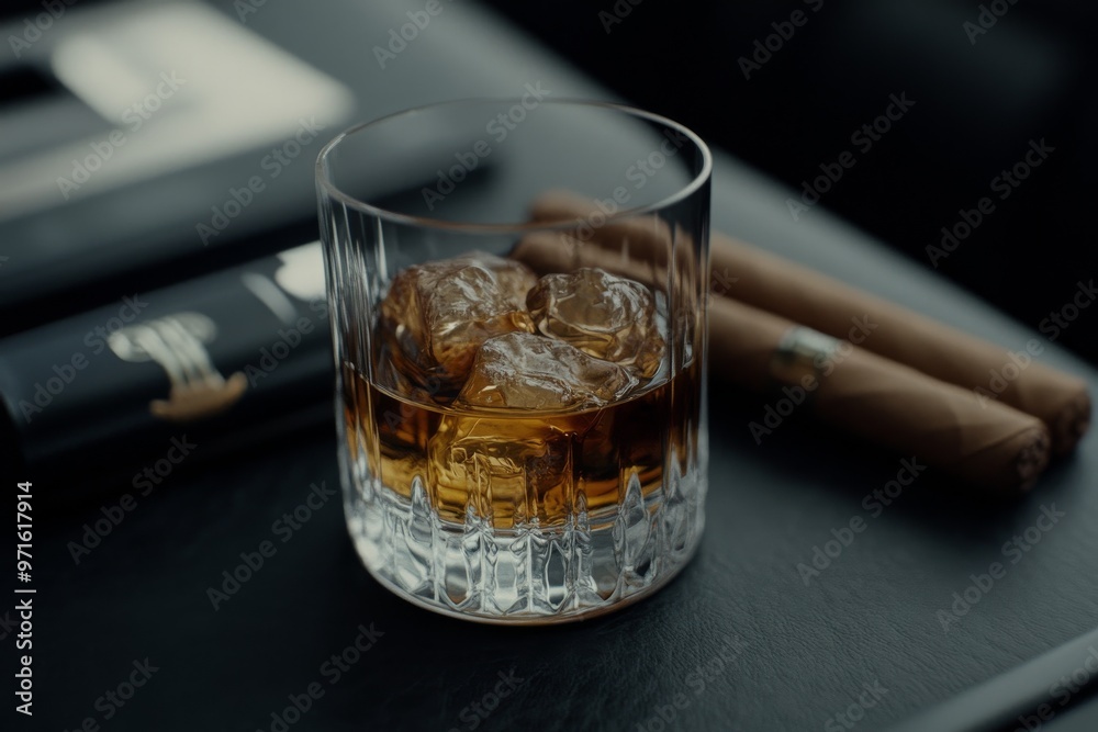 Enjoying Aged Whiskey on the Rocks With Cigars on a Dark Wooden Table During Evening Relaxation Enjoying Aged Whiskey on the Rocks With Cigars on a Dark Wooden Table During Evening Relaxation