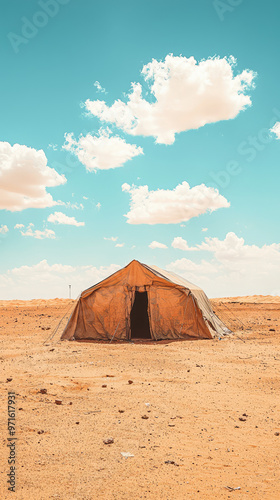 A simple refugee shelter with tarpaulin roof stands in vast desert landscape