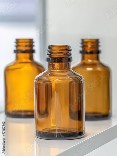 Three amber glass bottles with silver caps sit on a white shelf, representing science, research, and the preservation of liquids.