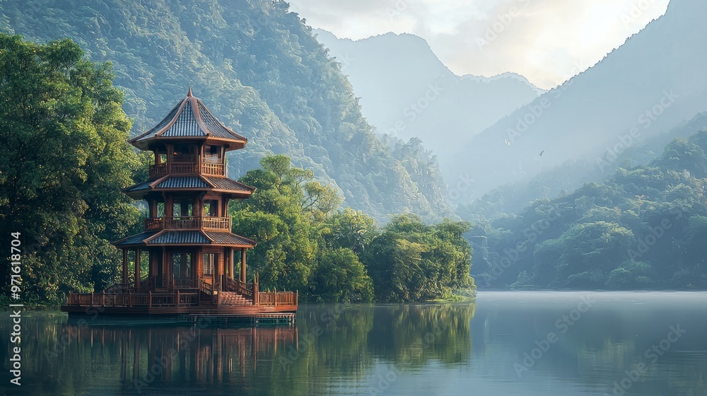 Tranquil Pagoda on a Serene Lake in the Mountains Tranquil Pagoda on a Serene Lake in the Mountains
