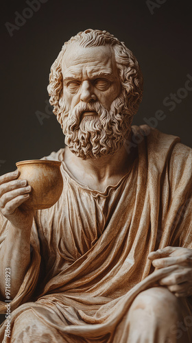 Socrates holding cup of hemlock in moment of reflection