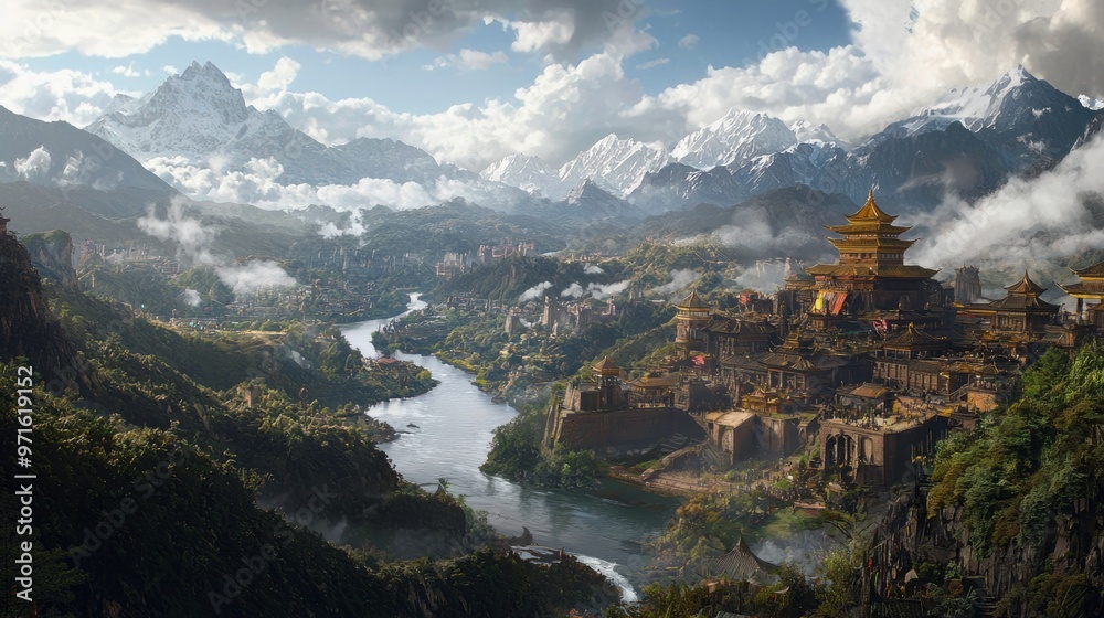 Ancient City Nestled in Mountain Valley with River and Golden Temple Ancient City Nestled in Mountain Valley with River and Golden Temple
