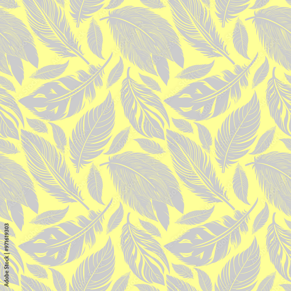 simple two-color seamless pattern of gray feathers on a yellow background, texture simple two-color seamless pattern of gray feathers on a yellow background, texture