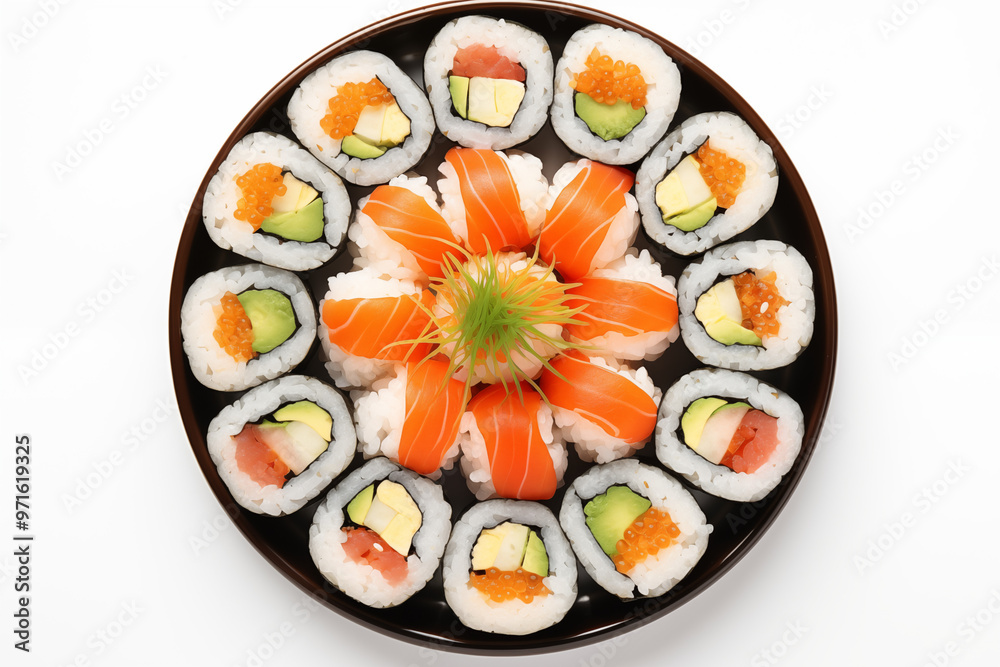 Sushi top view on white background. Sushi themes. Top view. Asian cuisine themes. Asian restaurant. Sushi making. PNG cut out. Image for graphic designer. Image for flyers. Sushi top view on white background. Sushi themes. Top view. Asian cuisine themes. Asian restaurant. Sushi making. PNG cut out. Image for graphic designer. Image for flyers.