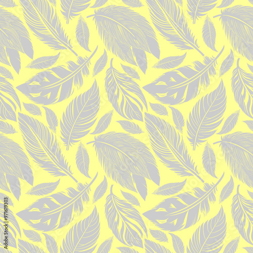 simple two-color seamless pattern of gray feathers on a yellow background, texture