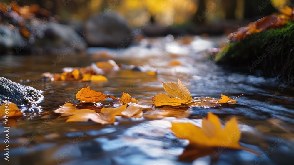 A serene stream with autumn leaves floating on the water's surface. A serene stream with autumn leaves floating on the water's surface.