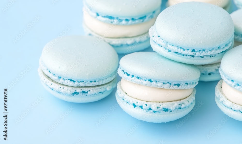 Delicate Blue Macarons Arranged on a Light Blue Surface Showcasing Their Elegant Design and Texture Delicate Blue Macarons Arranged on a Light Blue Surface Showcasing Their Elegant Design and Texture