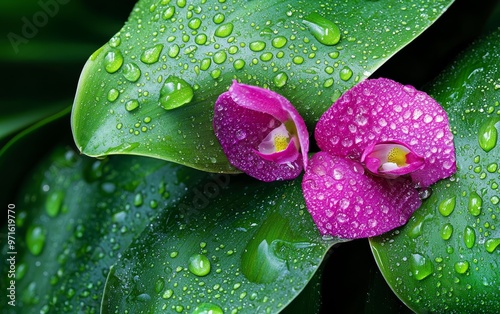 A detailed close-up of lush green leaves covered in morning dew, with vibrant spring flowers like orchids emerging from the foliage photo