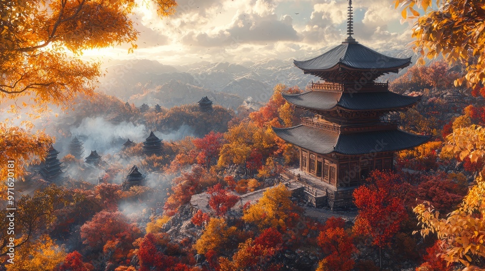 Obraz premium Autumnal Japanese Pagoda with Misty Mountains