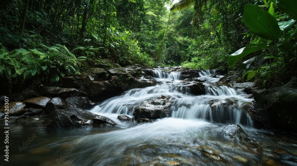 A serene forest scene featuring a flowing stream surrounded by lush greenery. A serene forest scene featuring a flowing stream surrounded by lush greenery.