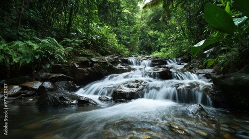 A serene forest scene featuring a flowing stream surrounded by lush greenery.