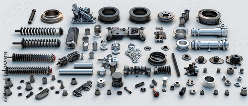 Array of auto car spare parts in 3D illustration, isolated on white background Ideal for automotive