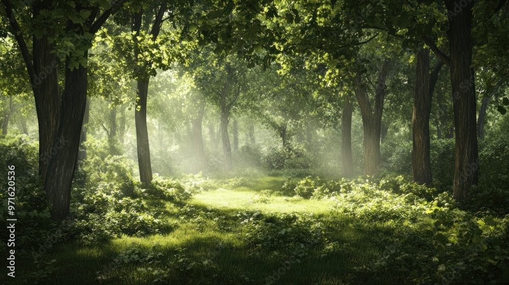 Obraz premium Sunbeams Illuminating a Lush Forest Path