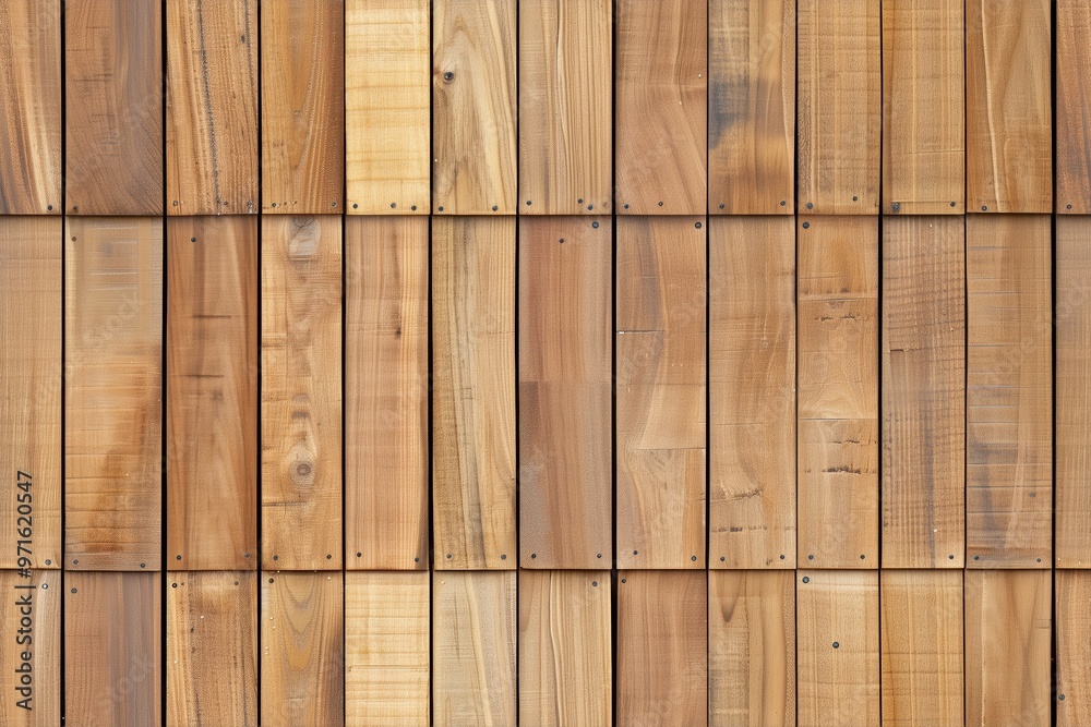 Fototapeta premium Wooden siding panel wall made of various planks, showcasing different shades and textures of wood. The planks are arranged in a horizontal pattern with visible nails and natural imperfections.