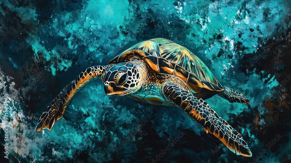 A Green Sea Turtle Swims in Teal Waters A Green Sea Turtle Swims in Teal Waters