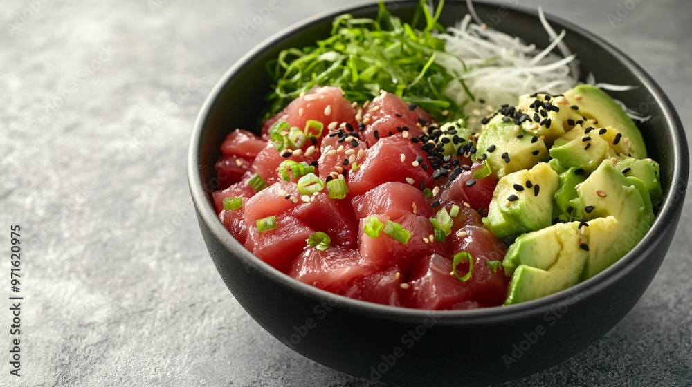 Minimalist poke bowl featuring just tuna and avocado on a grey marble table, with natural light casting subtle shadows