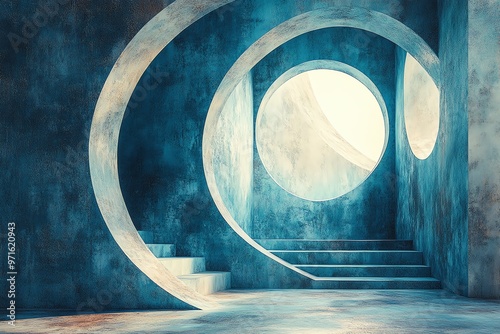 Modern Abstract Interior with Curved Shapes and Soft Blue Light