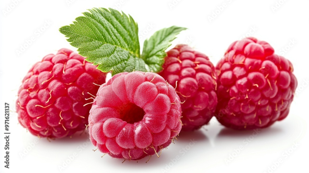 Fresh Raspberries With Green Leaves Arranged on a White Background in Natural Light Fresh Raspberries With Green Leaves Arranged on a White Background in Natural Light