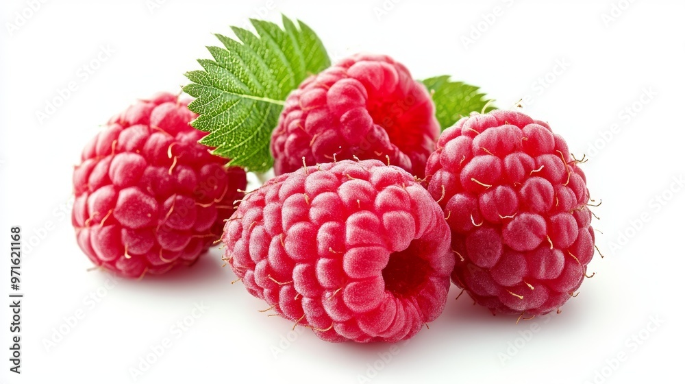 Freshly Picked Raspberries With Vibrant Red Color and Green Leaves on a White Background Freshly Picked Raspberries With Vibrant Red Color and Green Leaves on a White Background