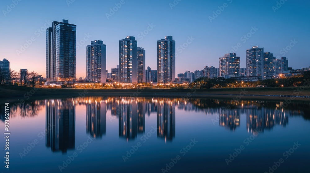 Fototapeta premium A serene cityscape reflecting on water during twilight.