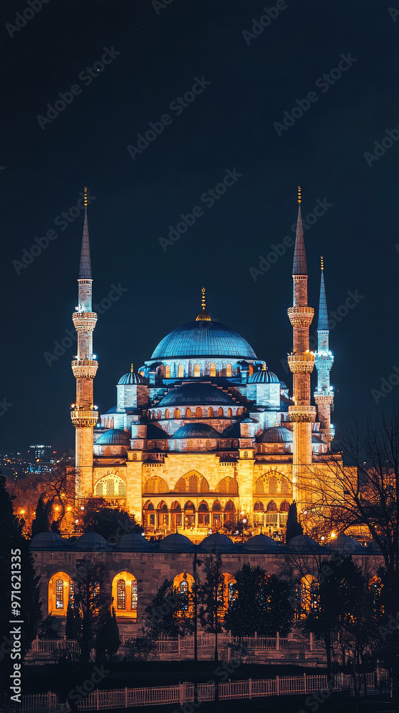 Naklejka premium Blue Mosque illuminated at night creates stunning visual spectacle