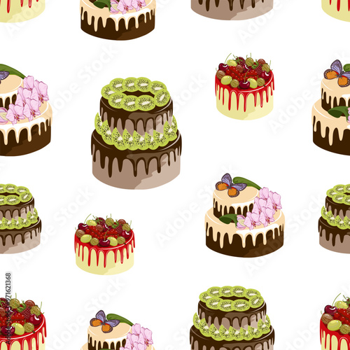 Pattern from cakes on a white background.Multi-colored cakes with decorations in a seamless pattern.