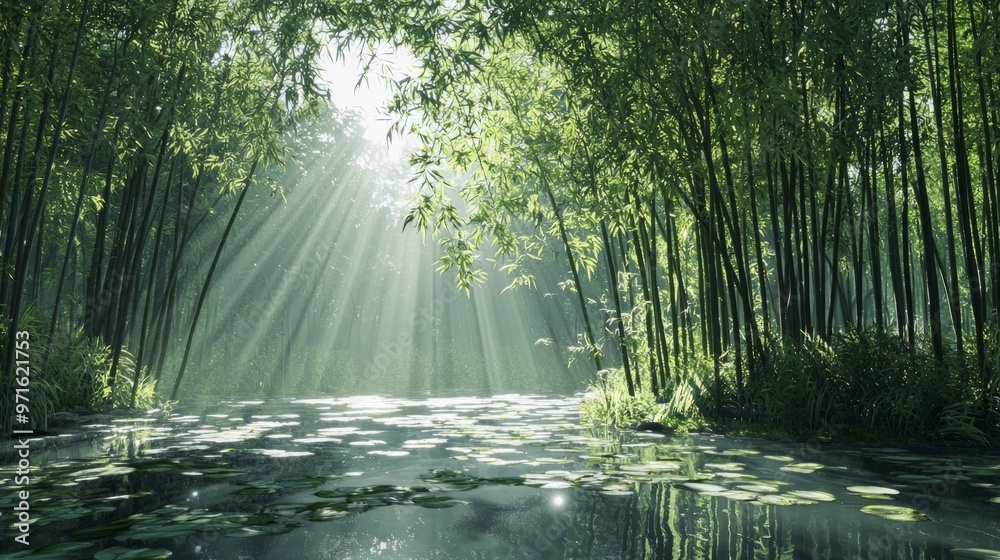 Obraz premium Sunbeams Through Lush Bamboo Forest With Pond And Lily Pads