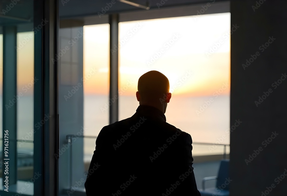 A Hispanic man with a shaved head, wearing a navy blazer, standing with his back to the camera in a well-lit office, observing the sunset over the ocean through wide glass windows create with ai A Hispanic man with a shaved head, wearing a navy blazer, standing with his back to the camera in a well-lit office, observing the sunset over the ocean through wide glass windows create with ai