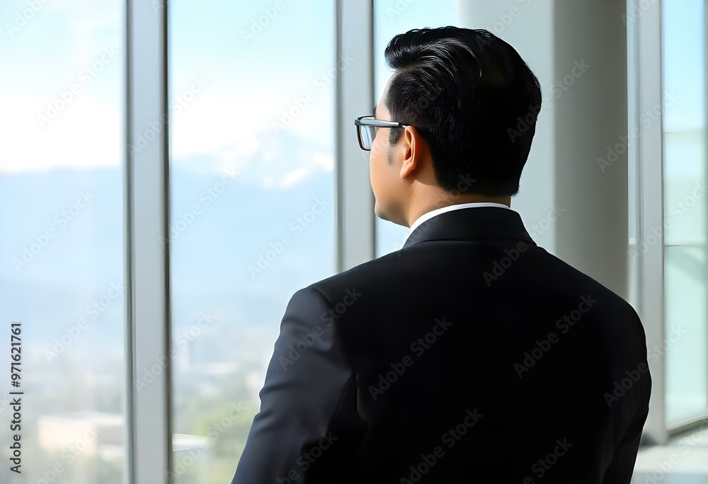 Fototapeta premium A South Asian man with neatly combed black hair, dressed in a black suit, standing with his back to the camera in a contemporary office create with ai