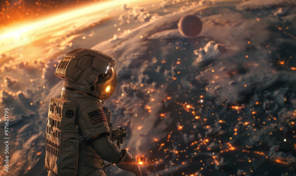 An astronaut in outer space on the space station. Earth on the backdrop An astronaut in outer space on the space station. Earth on the backdrop