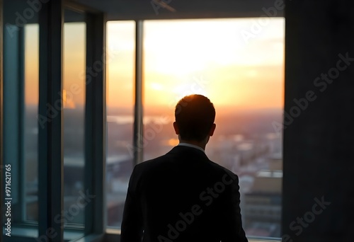 A Middle-Eastern man with short black hair, wearing a formal suit, standing with his back to the camera in a modern office create with ai