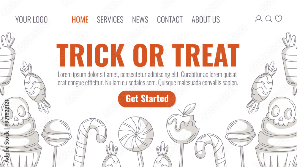 Halloween minimalist landing page vector template. Holiday flat illustration, bottom frame with sweets icons from lollipop, candy cane, cupcake with skull. For website, web page, online, banner, party Halloween minimalist landing page vector template. Holiday flat illustration, bottom frame with sweets icons from lollipop, candy cane, cupcake with skull. For website, web page, online, banner, party