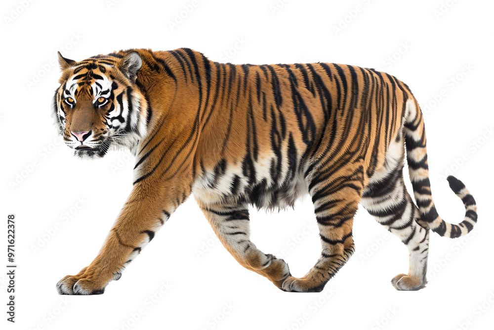Obraz premium Impressive tiger with a strong stance and vivid stripes, showcasing its natural beauty isolated on transparent background