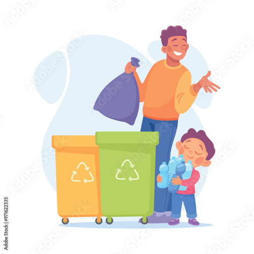 Man Parent with Son Throw Garbage in Dustbin as Home Activity Vector Illustration