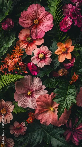  A close-up of a bouquet of flowers featuring green foliage, with a pink centerpiece