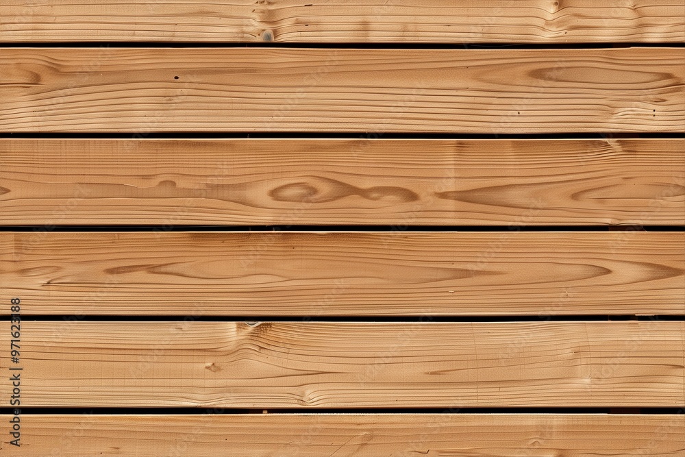 Fototapeta premium Wooden siding panel planks with a smooth, natural finish. The wood features light brown tones and visible grain patterns, creating a warm and inviting texture.