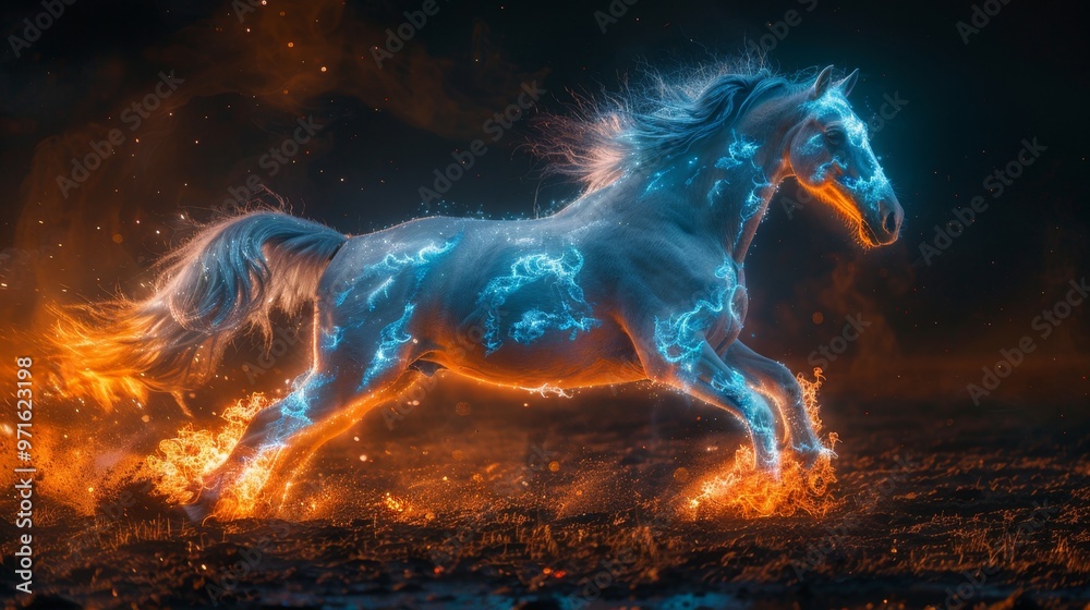 A mythical white horse surrounded by flames and small fires in a dark setting.
A mythical white horse surrounded by flames and small fires in a dark setting.