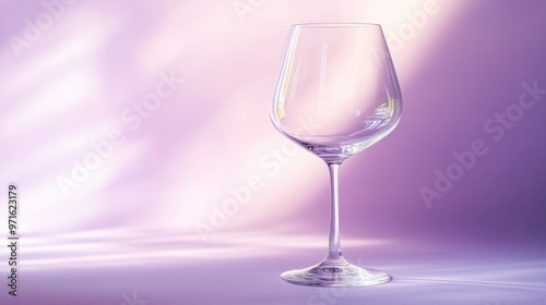 A clear wine glass on a soft purple background, showcasing elegance and simplicity.