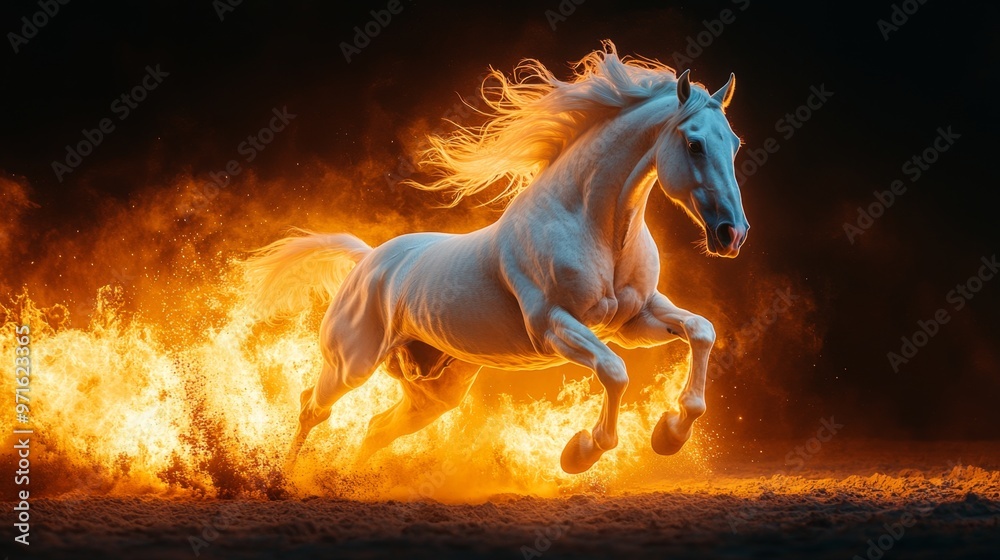 A mythical white horse surrounded by flames and small fires in a dark setting.
A mythical white horse surrounded by flames and small fires in a dark setting.