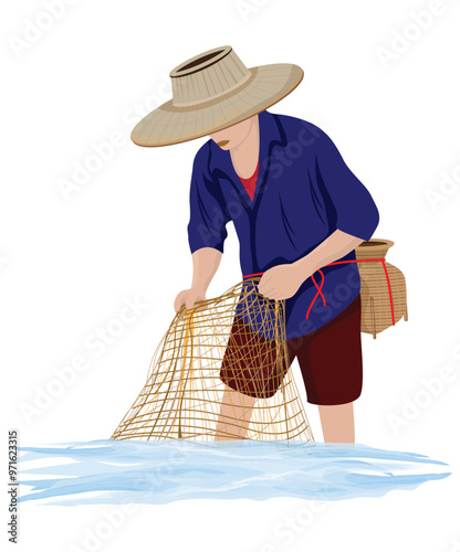 A country man is casting a net in a pond.vector design