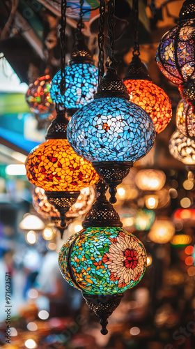 Vibrant Turkish lamps illuminate bustling market with colorful designs