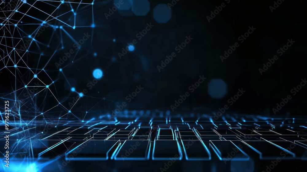 Obraz premium Abstract digital landscape with a network of lines and glowing elements.
