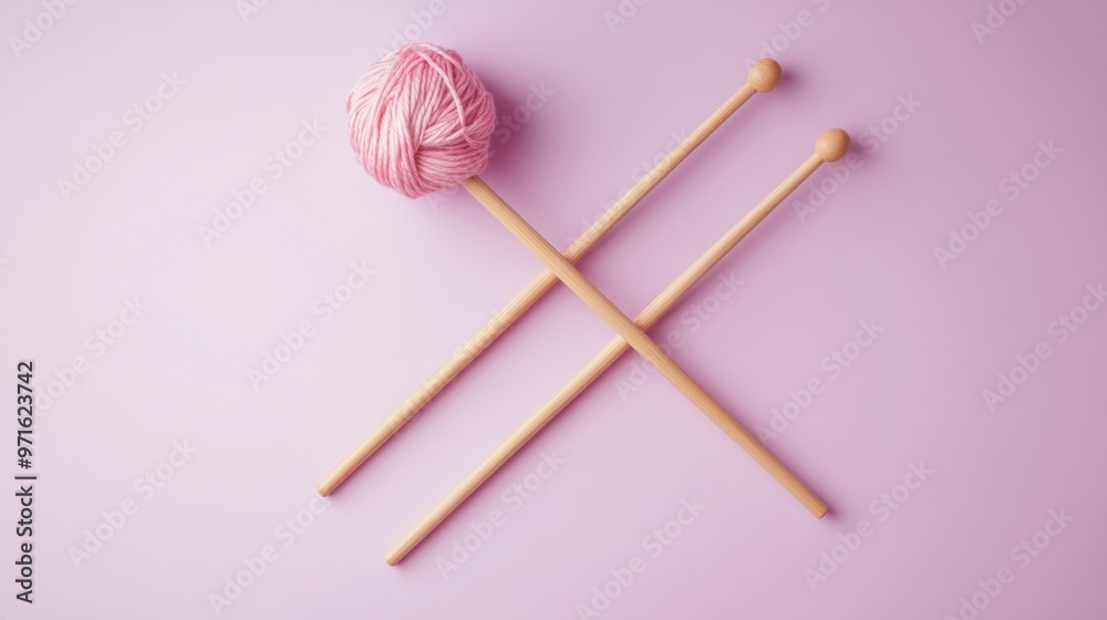 A pink yarn ball and knitting needles arranged on a pastel background for crafting. A pink yarn ball and knitting needles arranged on a pastel background for crafting.