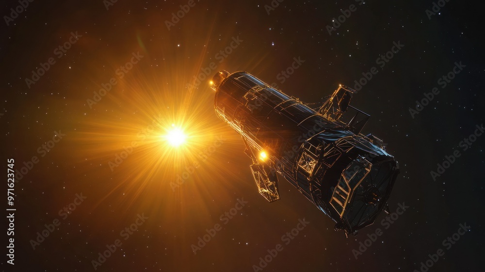 A spacecraft in space, illuminated by a bright star, showcasing exploration and discovery. A spacecraft in space, illuminated by a bright star, showcasing exploration and discovery.