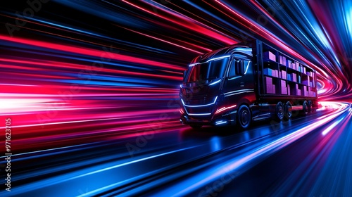 Futuristic delivery truck packed with e-commerce packages, pulling into an ultra-modern fulfillment center, sleek and metallic tones, viewed from a low angle with light trails following, city lights