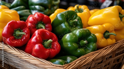 A basket of fresh bell peppers (Capsicum annuum) in red, yellow, and green, ready for sale photo