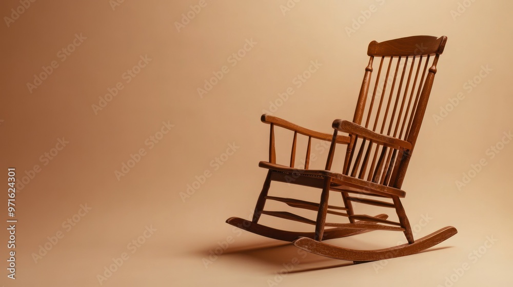 A wooden rocking chair set against a warm, neutral background. A wooden rocking chair set against a warm, neutral background.