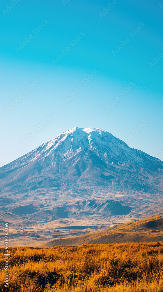 Majestic Mount Ararat under clear skies, showcasing its snow capped peak and surrounding landscape